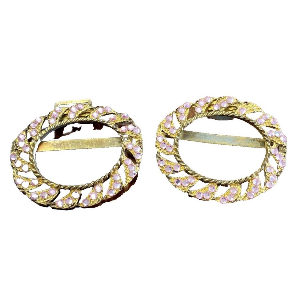 Vintage Pink Rhinestone Collectable Buckle Shoe Clips  Gold Tone Set of 2